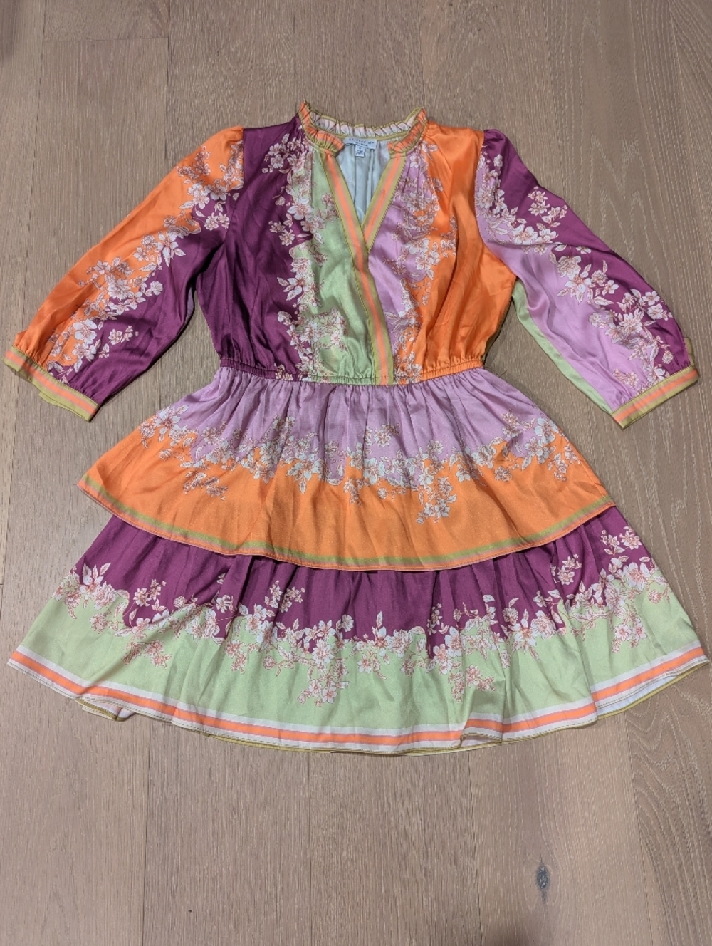Current Air Floral Tiered Dress in Purple, Orange & Mint
